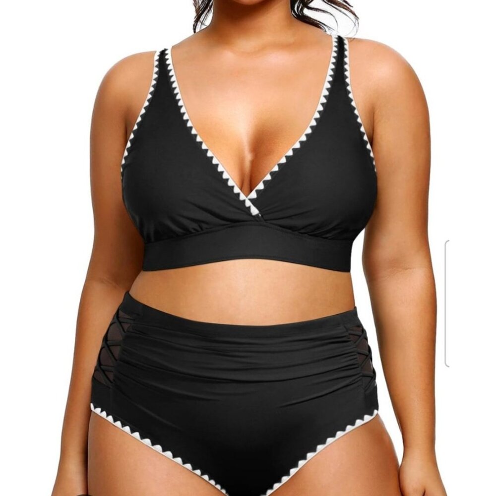 Yonique Womens Plus Size 18 W Bikini High Waisted Swimsuit Set 2-Piece Black